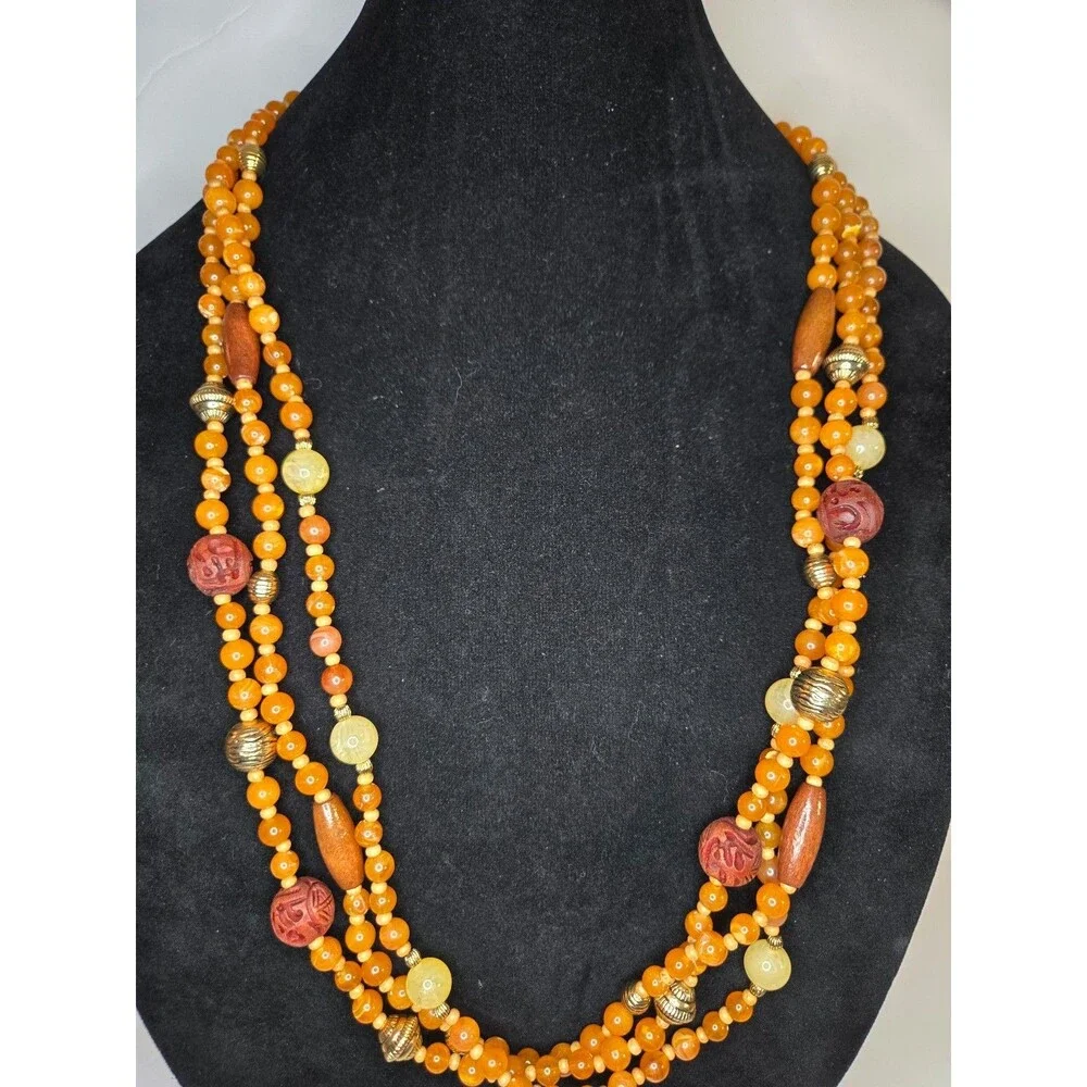 VTG Avon Necklace Orange Beaded Three Strand Gold Tone Estate Costume Jewelry
